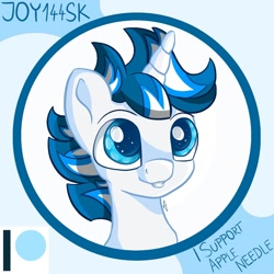 Size: 1280x1280 | Tagged: safe, artist:appleneedle, imported from derpibooru, oc, oc:unhappy joy, pony, unicorn, art, award, badge, blue, bust, button, character, digital, draw, drawing, fanart, paint, painting, patreon, portrait, support