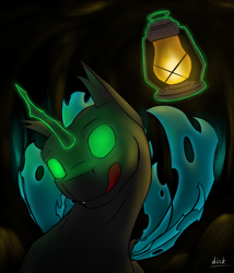 Size: 3000x3500 | Tagged: safe, artist:diskrt, imported from derpibooru, changeling, pony, bust, cave, glowing eyes, glowing horn, green eyes, horn, lantern, light, magic, signature, solo, telekinesis