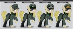 Size: 1280x512 | Tagged: safe, artist:brony-works, imported from derpibooru, oc, oc only, earth pony, pony, blonde, boots, clothes, earth pony oc, eyelashes, female, hat, helmet, mare, military, military uniform, nazi, nazi germany, nazipone, raised hoof, reference sheet, shoes, smiling, solo, uniform, world war ii