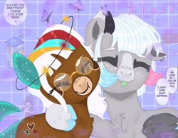Size: 781x609 | Tagged: safe, artist:dxggy_tearz, imported from derpibooru, oc, oc only, earth pony, pegasus, pony, :p, base used, chest fluff, cloven hooves, dialogue, ear piercing, earring, earth pony oc, eyes closed, freckles, glasses, hear, jewelry, pegasus oc, piercing, side hug, solo, tongue out, wings