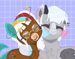 Size: 781x609 | Tagged: safe, alternate version, artist:dxggy_tearz, imported from derpibooru, oc, oc only, earth pony, pegasus, pony, :p, base used, chest fluff, cloven hooves, ear piercing, earring, earth pony oc, eyes closed, freckles, glasses, hear, jewelry, pegasus oc, piercing, side hug, solo, tongue out, wings