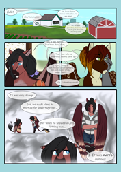 Size: 3472x4911 | Tagged: safe, artist:blackblood-queen, imported from derpibooru, oc, oc only, oc:daniel dasher, oc:dusk flame, oc:lady lovegreen, anthro, dracony, dragon, hybrid, pegasus, pony, comic:be there, anthro oc, clothes, comic, crossdressing, dialogue, digital art, female, leonine tail, male, mare, phone, speech bubble, stallion, telephone, torn ear