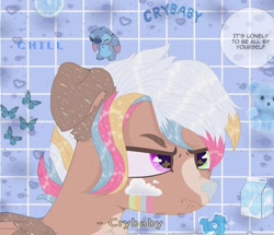 Size: 1080x930 | Tagged: safe, artist:dxggy_tearz, imported from derpibooru, oc, oc only, oc:bulle soap, pegasus, pony, bust, frown, heterochromia, lilo and stitch, multicolored hair, offscreen character, rainbow hair, solo, starry eyes, stitch, talking, wingding eyes