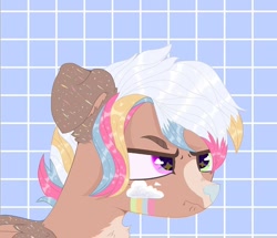 Size: 1080x930 | Tagged: safe, alternate version, artist:dxggy_tearz, imported from derpibooru, oc, oc only, oc:bulle soap, pegasus, pony, bust, frown, heterochromia, multicolored hair, rainbow hair, solo, starry eyes, wingding eyes