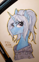 Size: 1660x2620 | Tagged: safe, artist:alicetriestodraw, imported from derpibooru, trixie, pony, unicorn, alternate hairstyle, babysitter trixie, clothes, colored sketch, female, hoodie, logo, markers, solo, stars, traditional art