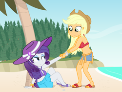 Size: 1800x1350 | Tagged: safe, artist:dm29, imported from derpibooru, applejack, rarity, equestria girls, beach, belly button, bikini, breasts, cleavage, clothes, duo, duo female, feet, female, sandals, sarong, sleeveless, swimsuit