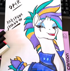 Size: 1080x1103 | Tagged: safe, artist:operfield, imported from derpibooru, rarity, tempest shadow, pony, unicorn, alternate hairstyle, broken horn, clothes, eye scar, female, fusion, horn, irl, jacket, keyboard, mare, photo, punk, raripunk, scar, signature, solo, tail wrap, traditional art