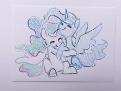 Size: 2048x1536 | Tagged: safe, artist:dawnfire, imported from derpibooru, princess celestia, princess luna, alicorn, pony, hug, traditional art