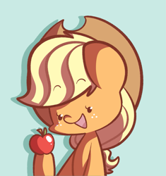 Size: 1091x1161 | Tagged: safe, artist:typhwosion, imported from derpibooru, applejack, earth pony, pony, :d, apple, bust, cute, female, food, freckles, hat, hoof hold, jackabetes, mare, profile picture, smiling, solo, that pony sure does love apples