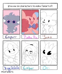 Size: 857x1024 | Tagged: safe, artist:typhwosion, imported from derpibooru, pinkie pie, anthro, bird, dog, earth pony, espurr, ghost, penguin, pony, undead, six fanarts, :d, :p, anthro with ponies, beastars, bowtie, bust, crossover, danny phantom, devil horn (gesture), ember mclain, female, hat, juno, juno (beastars), king dedede, lineart, male, mare, ori, partial color, pokémon, tongue out, wide eyes