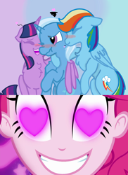 Size: 1600x2200 | Tagged: safe, artist:starfall842, edit, edited screencap, imported from derpibooru, screencap, pinkie pie, rainbow dash, trixie, twilight sparkle, alicorn, coinky-dink world, eqg summertime shorts, equestria girls, chest fluff, female, heart eyes, hug, lesbian, meme, pinkie's eyes, shipping, trixdash, twidash, twilight sparkle (alicorn), twixie, wingding eyes, winghug