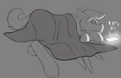 Size: 2020x1302 | Tagged: safe, artist:dripponi, imported from derpibooru, oc, oc only, oc:windy dripper, pegasus, pony, addiction, blanket, cellphone, censored vulgarity, frog (hoof), grawlixes, grayscale, lineart, male, monochrome, pegasus oc, phone, smartphone, solo, stallion, tired, underhoof, wings