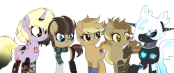 Size: 3500x1466 | Tagged: safe, artist:angelina-pax, artist:dianamur, imported from derpibooru, dinky hooves, oc, oc:clockwork (ice1517), oc:cyber heart (ice1517), oc:time liz, oc:tinker (ice1517), cyborg, earth pony, pegasus, pony, robot, robot pony, unicorn, icey-verse, alternate hairstyle, amputee, artificial wings, augmented, aunt and nephew, aunt and niece, binary, clothes, commission, ear piercing, earring, eyeshadow, female, glasses, group, hair over one eye, heart, horn, horn ring, jeans, jewelry, lip piercing, makeup, male, mare, multicolored hair, offspring, older, older dinky hooves, open mouth, oven mitts, pants, parent:derpy hooves, parent:doctor whooves, parents:doctorderpy, piercing, prosthetic leg, prosthetic limb, prosthetic wing, prosthetics, raised eyebrow, raised hoof, scarf, simple background, stallion, sweater, tattoo, transparent background, wings, ych result