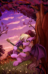 Size: 2036x3143 | Tagged: safe, artist:pridark, imported from derpibooru, oc, oc only, oc:pinkfull night, bat pony, pony, against tree, bat pony oc, bat wings, crossed hooves, cutie mark, fangs, flower, forest, glasses, guitar, musical instrument, patreon, patreon reward, relaxing, scenery, scenery porn, smiling, solo, sunset, teenager, tree, wings