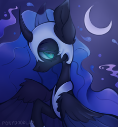 Size: 1109x1191 | Tagged: safe, artist:occultusion, artist:onionpwder, imported from derpibooru, nightmare moon, alicorn, pony, crescent moon, curved horn, female, helmet, hoof shoes, horn, jewelry, mare, moon, night, raised hoof, regalia, solo