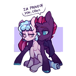 Size: 1227x1226 | Tagged: safe, artist:occultusion, artist:onionpwder, imported from derpibooru, cozy glow, fizzlepop berrytwist, tempest shadow, pegasus, pony, unicorn, a better ending for cozy, broken horn, clothes, cozybetes, cozylove, crying, cute, duo, eye scar, female, filly, horn, mare, markings, open, raised hoof, redesign, sad, scar, scarf, simple background, sitting, smiling, tempestbetes, transparent background, unshorn fetlocks, when she smiles