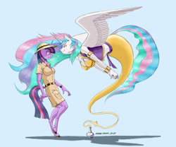 Size: 1400x1167 | Tagged: safe, artist:baron engel, imported from derpibooru, princess celestia, twilight sparkle, alicorn, anthro, genie, unguligrade anthro, unicorn, armband, bottle, bra, breasts, busty princess celestia, busty twilight sparkle, clothes, duo, explorer outfit, female, geniefied, hat, magic lamp, mare, pith helmet, sash, story included, underwear, unicorn twilight, vest, watch, wristband, wristwatch