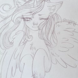 Size: 1080x1080 | Tagged: dead source, safe, artist:mayguay, imported from derpibooru, oc, oc only, alicorn, pony, alicorn oc, blushing, bust, chest fluff, ear fluff, horn, lineart, one eye closed, solo, traditional art, wings, wink