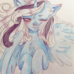 Size: 1080x1080 | Tagged: dead source, safe, alternate version, artist:mayguay, imported from derpibooru, oc, oc only, alicorn, pony, alicorn oc, blushing, bust, chest fluff, colored, ear fluff, horn, one eye closed, solo, traditional art, wings, wink