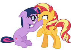 Size: 1024x732 | Tagged: safe, artist:emeraldblast63, imported from derpibooru, sci-twi, sunset shimmer, twilight sparkle, pony, unicorn, equestria girls, equestria girls series, spring breakdown, spoiler:eqg series (season 2), boop, cheek squish, equestria girls ponified, eyes closed, horn, horns are touching, nose to nose, noseboop, open mouth, ponified, raised hoof, squishy cheeks, unicorn sci-twi, yelling