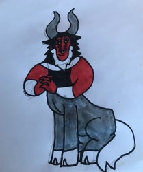 Size: 1071x1280 | Tagged: safe, artist:whistle blossom, imported from derpibooru, lord tirek, centaur, bracer, cloven hooves, colored hooves, cute, looking at you, male, marker drawing, nose piercing, nose ring, piercing, simple background, sitting, solo, tirebetes, traditional art, white background