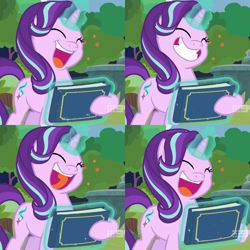 Size: 1440x1440 | Tagged: safe, edit, edited screencap, imported from derpibooru, screencap, starlight glimmer, pony, unicorn, memnagerie, spoiler:memnagerie, spoiler:mlp friendship is forever, cheerful, collage, compilation, cropped, cute, eyes closed, female, glimmerbetes, glowing horn, grin, hair flip, hoof hold, horn, levitation, magic, magic aura, mare, open mouth, open smile, scrapbook, smiling, solo, telekinesis