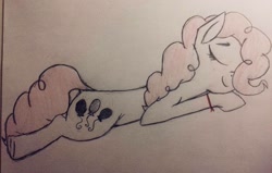 Size: 1121x713 | Tagged: safe, artist:hrafnkyn, imported from derpibooru, pinkie pie, earth pony, pony, bracelet, cute, cutie mark, diapinkes, drawing, female, jewelry, sleeping, solo, traditional art