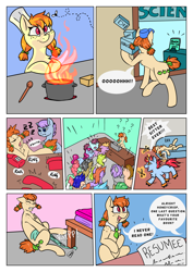 Size: 5656x8000 | Tagged: safe, artist:rinikka, imported from derpibooru, oc, oc only, oc:honeycrisp, earth pony, pony, comic:a safe place for us, comic, fire, sleeping, working