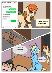 Size: 5000x7072 | Tagged: safe, artist:rinikka, imported from derpibooru, oc, oc only, oc:honeycrisp, oc:sunshine blue, earth pony, pony, spider, unicorn, comic:a safe place for us, comic, glasses, text