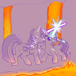 Size: 2200x2200 | Tagged: safe, artist:crade, imported from derpibooru, starlight glimmer, twilight sparkle, alicorn, pony, unicorn, crossed horns, duo, eye contact, female, fight, frown, gritted teeth, horn, horns are touching, lava, lightsaber, looking at each other, mare, partial color, raised hoof, star wars, twilight sparkle (alicorn), wat, weapon