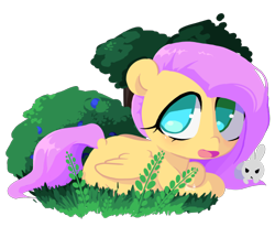 Size: 500x411 | Tagged: safe, artist:penpale-heart, imported from derpibooru, angel bunny, fluttershy, pegasus, pony, rabbit, animal, bush, cute, duo, female, grass, male, mare, no pupils, open mouth, prone, shyabetes, simple background, transparent background