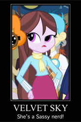 Size: 1600x2401 | Tagged: safe, imported from derpibooru, bright idea, crimson napalm, scribble dee, velvet sky, equestria girls, equestria girls (movie), background human, caption, clothes, hand on hip, meme, sassy, scarf, sweater, turtleneck