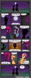 Size: 1501x3678 | Tagged: safe, artist:banquo0, imported from derpibooru, fizzlepop berrytwist, scootaloo, tempest shadow, pegasus, unicorn, broken horn, comic, dialogue, eye scar, horn, lightning, scar, silhouette, text