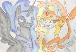 Size: 1080x741 | Tagged: safe, artist:aluramoon_, imported from derpibooru, daybreaker, nightmare moon, alicorn, pony, duo, ethereal mane, female, grin, helmet, mane of fire, mare, open mouth, peytral, siblings, sisters, smiling, starry mane, traditional art