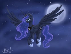 Size: 831x629 | Tagged: safe, artist:aluramoon_, imported from derpibooru, princess luna, alicorn, pony, ethereal mane, female, flying, full moon, galaxy mane, hoof shoes, jewelry, mare, moon, night, peytral, signature, solo, spread wings, stars, tiara, wings