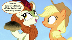 Size: 1280x720 | Tagged: safe, edit, edited screencap, imported from derpibooru, screencap, applejack, autumn blaze, kirin, sounds of silence, applejack's hat, awwtumn blaze, bread, burnt, cowboy hat, cute, food, hat, implied nirik, speech, speech bubble, talking