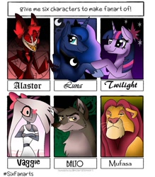 Size: 1080x1232 | Tagged: safe, artist:rxndxm.artist, imported from derpibooru, princess luna, twilight sparkle, alicorn, big cat, deer, demon, dog, hybrid, lion, moth, pony, unicorn, wendigo, wolf, six fanarts, alastor, balto, bust, chest fluff, crossed arms, crossover, cute, deer demon, ethereal mane, female, hazbin hotel, holding hooves, hoof shoes, james earl jones, lunabetes, male, mare, missing eye, moth demon, mufasa, one eyed, peytral, radio demon, smiling, the lion king, twiabetes, unicorn twilight, vaggie