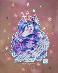 Size: 2554x3200 | Tagged: safe, artist:valeriamagicart, imported from derpibooru, princess celestia, twilight sparkle, alicorn, pony, crying, duo, ethereal mane, eyes closed, female, hug, jewelry, mare, peytral, starry mane, tears of joy, tiara, traditional art, twilight sparkle (alicorn), winghug