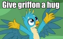 Size: 332x204 | Tagged: safe, edit, edited screencap, imported from derpibooru, screencap, gallus, griffon, what lies beneath, arms in the air, arms spread out, bronybait, caption, chest fluff, claws, cropped, cute, gallabetes, gallove, hug request, image macro, male, meme, smiling, solo, spread wings, text, wings