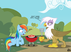 Size: 3507x2550 | Tagged: safe, artist:alidor42, imported from derpibooru, gilda, rainbow dash, griffon, pegasus, pony, barbeque, carnivore, duo, food, griffons doing griffon things, grill, herbivore vs carnivore, high res, meat, shocked, shrunken pupils, spatula, translation, wide eyes, wingless