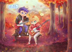 Size: 2800x2000 | Tagged: safe, artist:nikyuuchan, imported from derpibooru, flash sentry, human, equestria girls, autumn, bench, clothes, commission, converse, crossover, cygames, dragalia lost, embarrassed, euden, falling leaves, frustrated, guitar, hoodie, jacket, jeans, leaves, musical instrument, nintendo, pants, park, park bench, playing instrument, shoes, socks, speech bubble, sunlight, teaching, tongue out, tree, trousers, vincent tong, voice actor joke