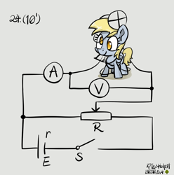 Size: 814x822 | Tagged: safe, artist:holp, imported from derpibooru, derpy hooves, pegasus, pony, ammeter, battery, circuit, cute, derpabetes, derpy being derpy, electricity, electronics, examination, female, light bulb, lightbulb, mare, no pupils, physics, resistor, signature, simple background, solo, switch, test, voltmeter, wires