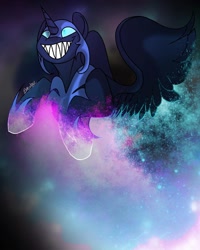 Size: 1080x1350 | Tagged: safe, artist:petal_quartz, imported from derpibooru, nightmare moon, alicorn, pony, female, flying, grin, helmet, hoof shoes, mare, sharp teeth, smiling, solo, space, teeth