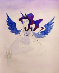 Size: 1080x1350 | Tagged: safe, artist:princess.luna.officially, imported from derpibooru, princess luna, human, alicorn humanization, alternative cutie mark placement, clothes, cutie mark on human, ethereal mane, female, horn, horned humanization, humanized, sitting, solo, traditional art, winged humanization