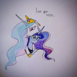 Size: 1080x1080 | Tagged: safe, artist:princess.luna.officially, imported from derpibooru, princess celestia, princess luna, bust, ethereal mane, eyelashes, female, galaxy mane, hoof shoes, hug, siblings, sisters, smiling, traditional art