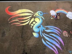 Size: 720x540 | Tagged: safe, artist:ahegaodoggo, imported from derpibooru, rainbow dash, bird, chalkboard, cloud, irl, photo, rainbow, solo, species swap, traditional art