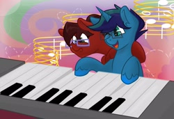 Size: 3151x2160 | Tagged: safe, artist:cadetredshirt, imported from derpibooru, oc, oc:arioso, oc:cadetpone, earth pony, pony, unicorn, blue coat, digital art, female, glasses, happy, looking at someone, male, music notes, musical instrument, one eye closed, piano, playing instrument, playing piano, red coat, shipping, shipping fuel, shocked, simple background, singing, smiling, straight, two toned mane, unshorn fetlocks, wink