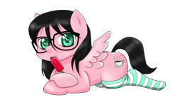 Size: 1166x672 | Tagged: safe, artist:kizan, imported from derpibooru, oc, oc only, pegasus, pony, clothes, female, food, glasses, heart eyes, mare, pegasus oc, popsicle, prone, simple background, socks, solo, striped socks, transparent background, wingding eyes, wings