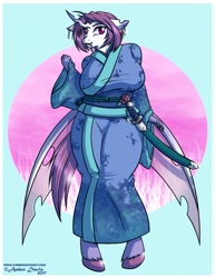 Size: 989x1280 | Tagged: safe, artist:sonicsweeti, imported from derpibooru, oc, oc only, anthro, changeling, unguligrade anthro, breasts, changeling oc, clothes, commission, digital art, fangs, female, horn, kimono (clothing), purple changeling, solo, wings