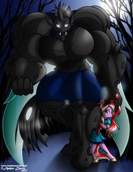 Size: 989x1280 | Tagged: safe, artist:sonicsweeti, imported from derpibooru, oc, oc only, oc:ebonheart, anthro, changeling, changeling behemoth, earth pony, unguligrade anthro, abs, biceps, changeling oc, clothes, commission, digital art, drone, fangs, female, hiding, horn, male, muscles, night, overdeveloped muscles, pecs, protecting, shorts, tail